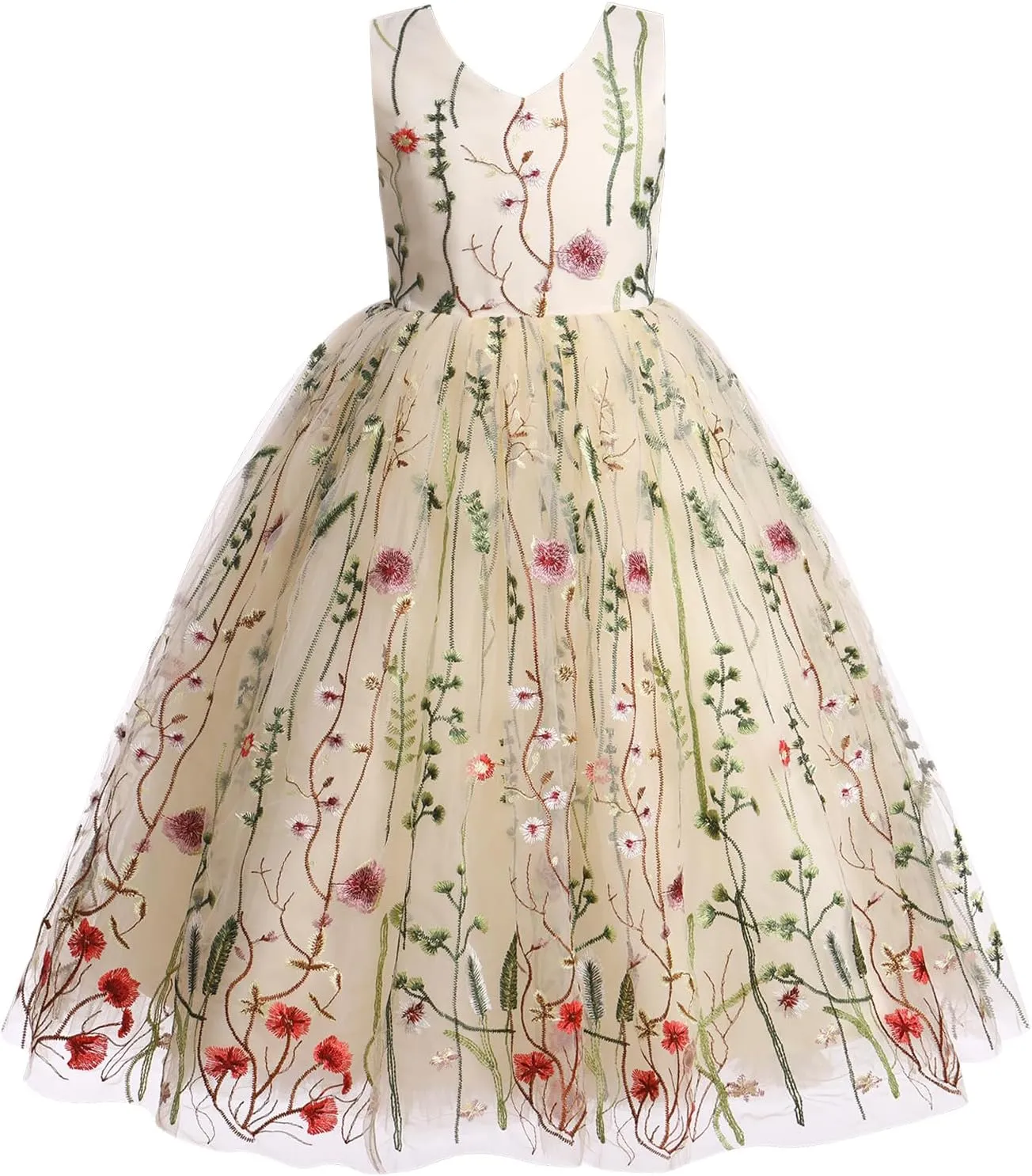 IDOPIP Embroidery Flower Girl Lace Dress for Kids Wedding Pageant Party First Communion Dresses Princess Bridesmaid Maxi Gown