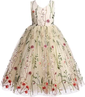 IDOPIP Embroidery Flower Girl Lace Dress for Kids Wedding Pageant Party First Communion Dresses Princess Bridesmaid Maxi Gown