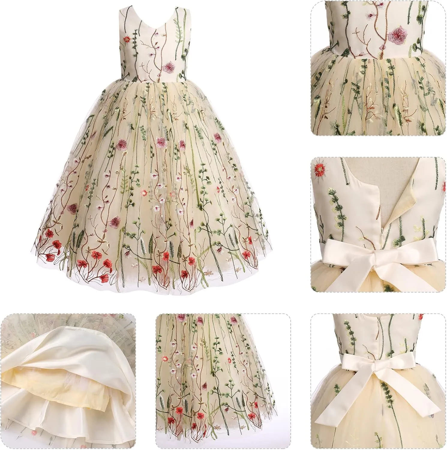 IDOPIP Embroidery Flower Girl Lace Dress for Kids Wedding Pageant Party First Communion Dresses Princess Bridesmaid Maxi Gown