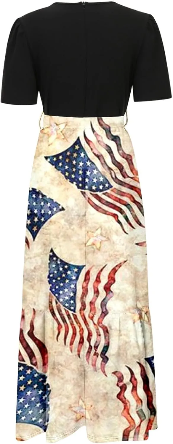 Independence Day Summer Dresses for Women Tie Belted Ruffle Hem A Line Boho Maxi Dress Short Sleeve Flowy Long Dress