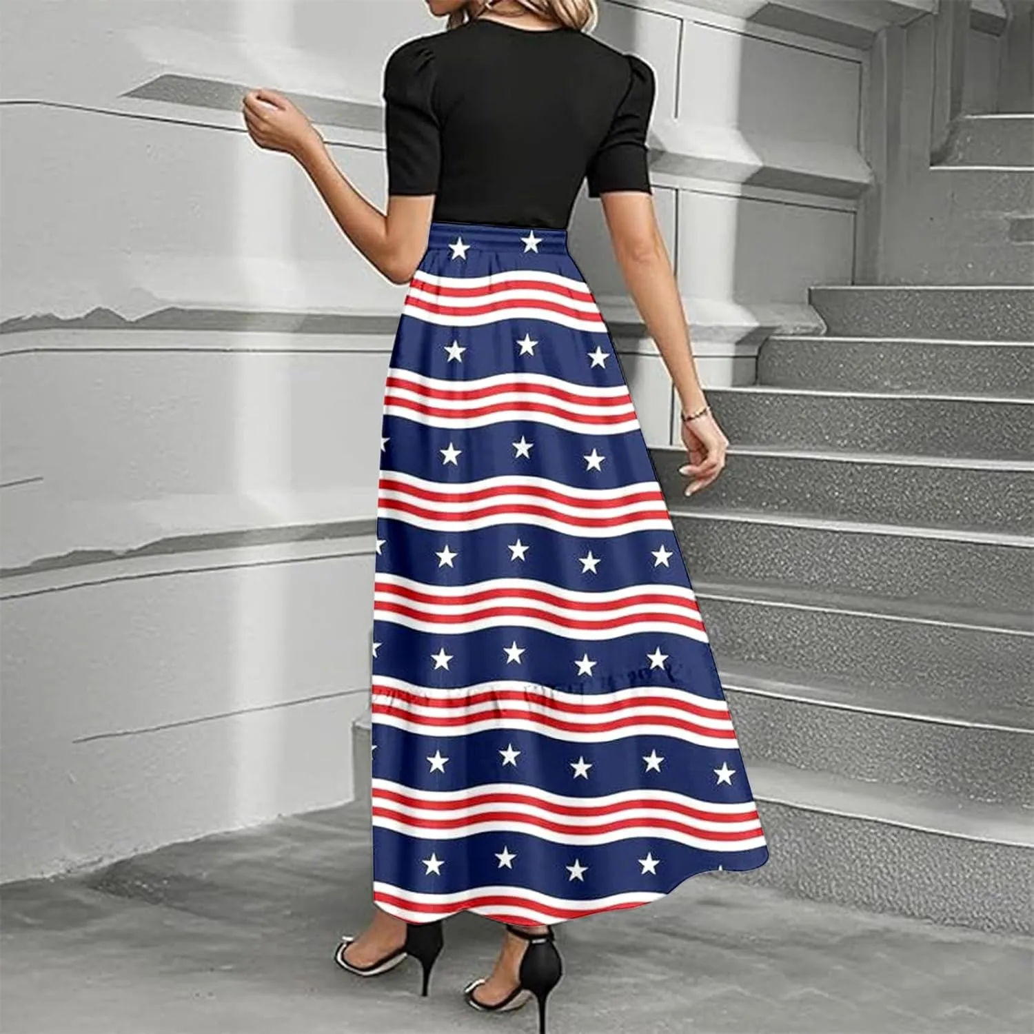 Independence Day Summer Dresses for Women Tie Belted Ruffle Hem A Line Boho Maxi Dress Short Sleeve Flowy Long Dress