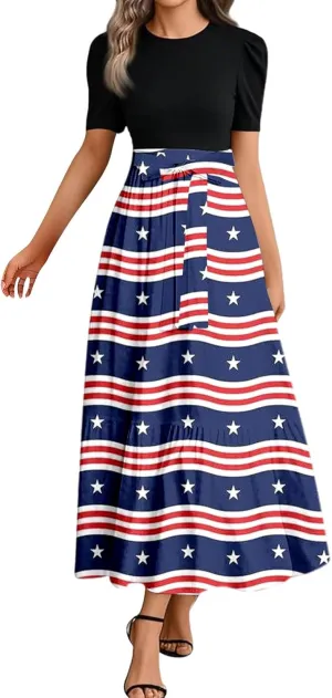 Independence Day Summer Dresses for Women Tie Belted Ruffle Hem A Line Boho Maxi Dress Short Sleeve Flowy Long Dress