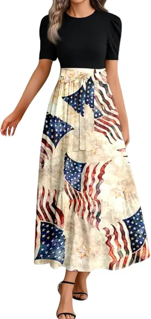 Independence Day Summer Dresses for Women Tie Belted Ruffle Hem A Line Boho Maxi Dress Short Sleeve Flowy Long Dress