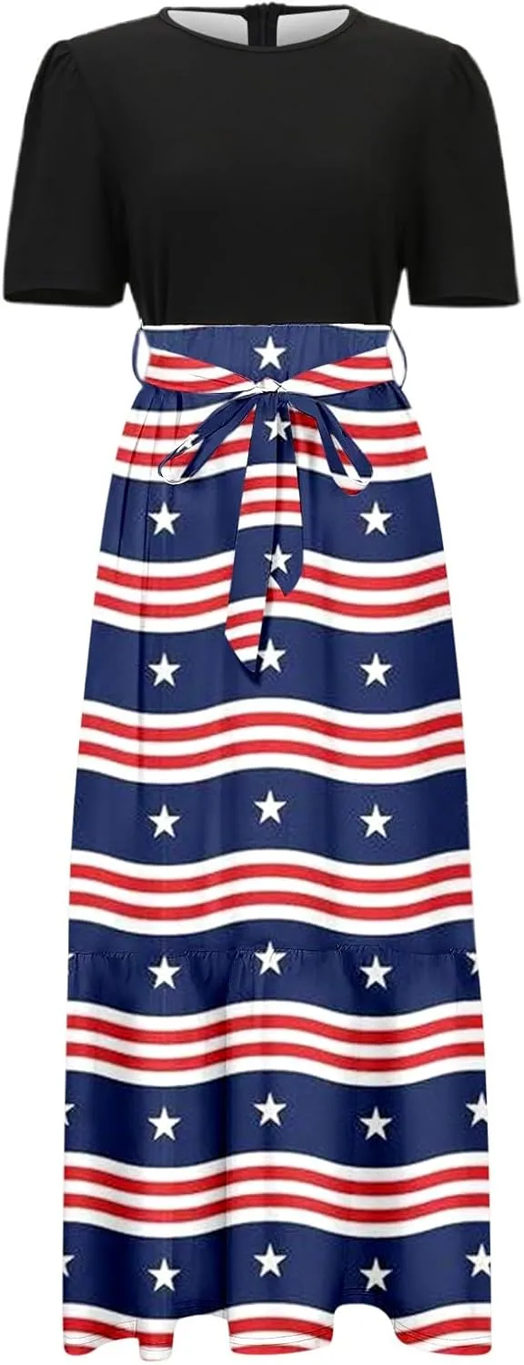 Independence Day Summer Dresses for Women Tie Belted Ruffle Hem A Line Boho Maxi Dress Short Sleeve Flowy Long Dress