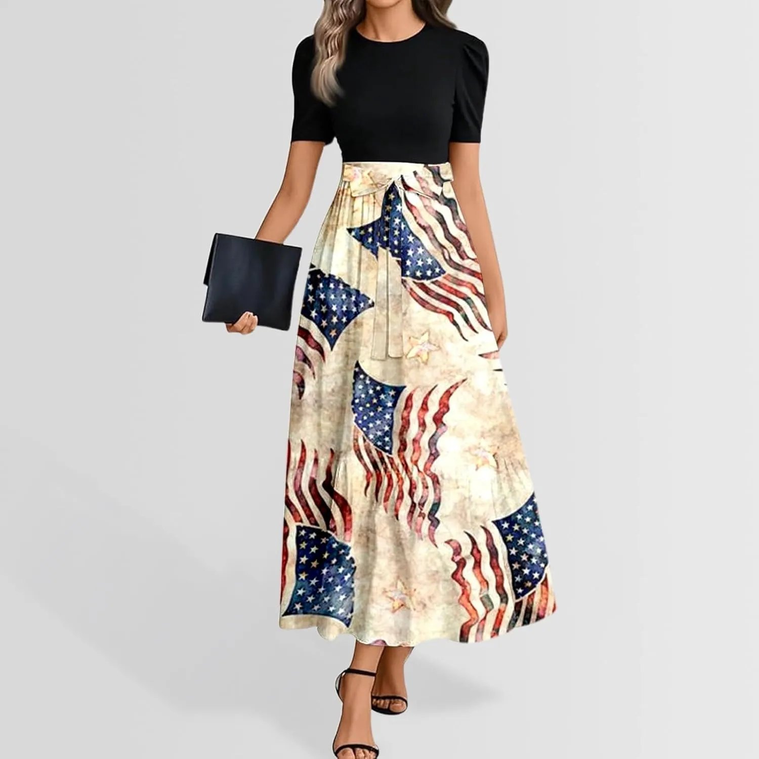 Independence Day Summer Dresses for Women Tie Belted Ruffle Hem A Line Boho Maxi Dress Short Sleeve Flowy Long Dress