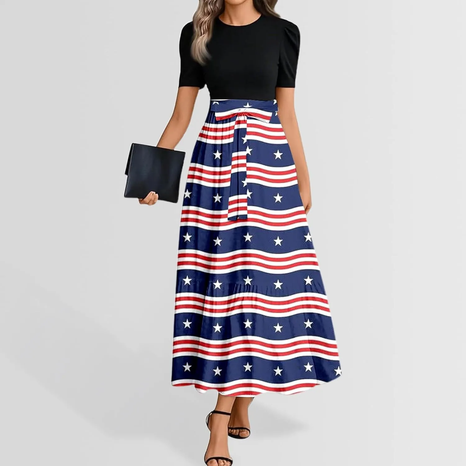 Independence Day Summer Dresses for Women Tie Belted Ruffle Hem A Line Boho Maxi Dress Short Sleeve Flowy Long Dress