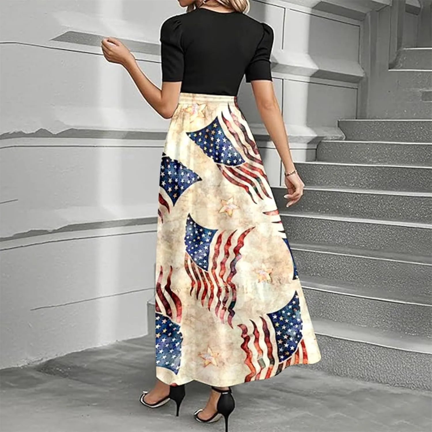 Independence Day Summer Dresses for Women Tie Belted Ruffle Hem A Line Boho Maxi Dress Short Sleeve Flowy Long Dress