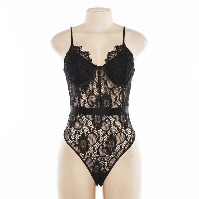 InstaHot Lace See Through Sexy Bodysuits Women V Neck Bra Spaghetti Strap Slim Bodysuits Lady Clubwear Holiday Beachwear Summer
