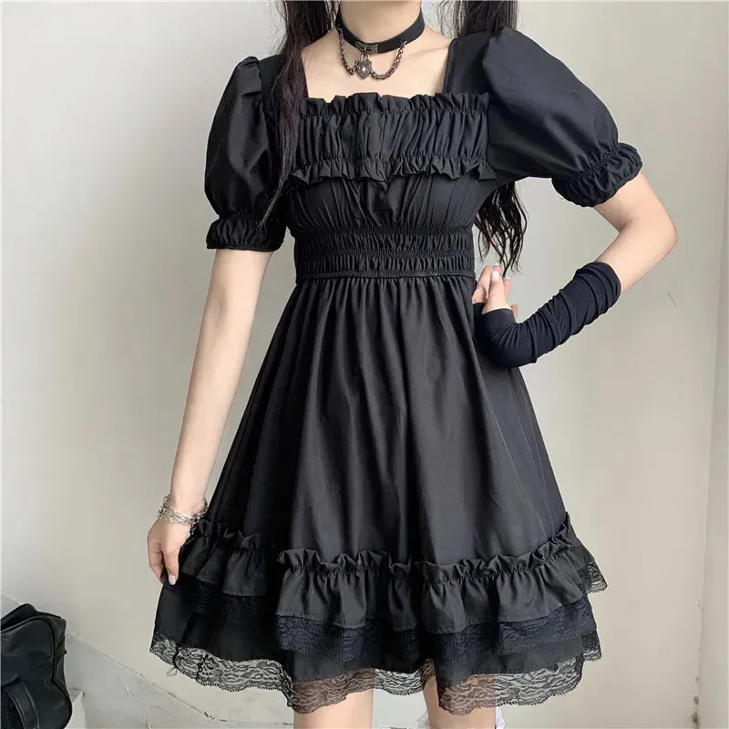 Japanese Fashionable Black Dress with Square Collar and Puff Sleeves