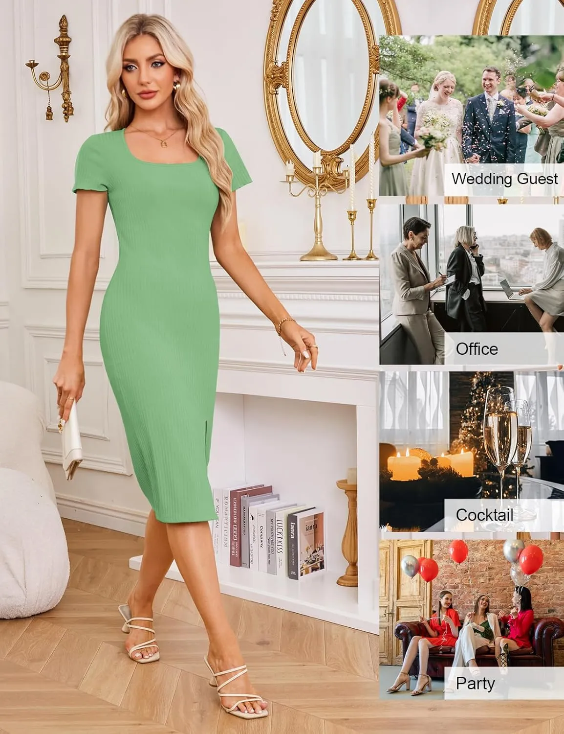 JASAMBAC Women's Ribbed Knit Dresses 2024 Sexy Bodycon Wrap Knit Casual Short Sleeve Sweater Maxi Dress with Side Slit