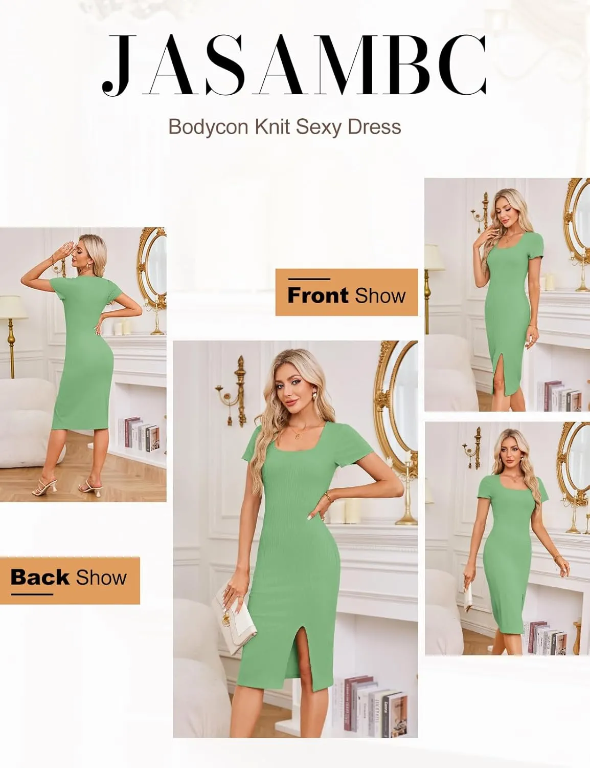 JASAMBAC Women's Ribbed Knit Dresses 2024 Sexy Bodycon Wrap Knit Casual Short Sleeve Sweater Maxi Dress with Side Slit