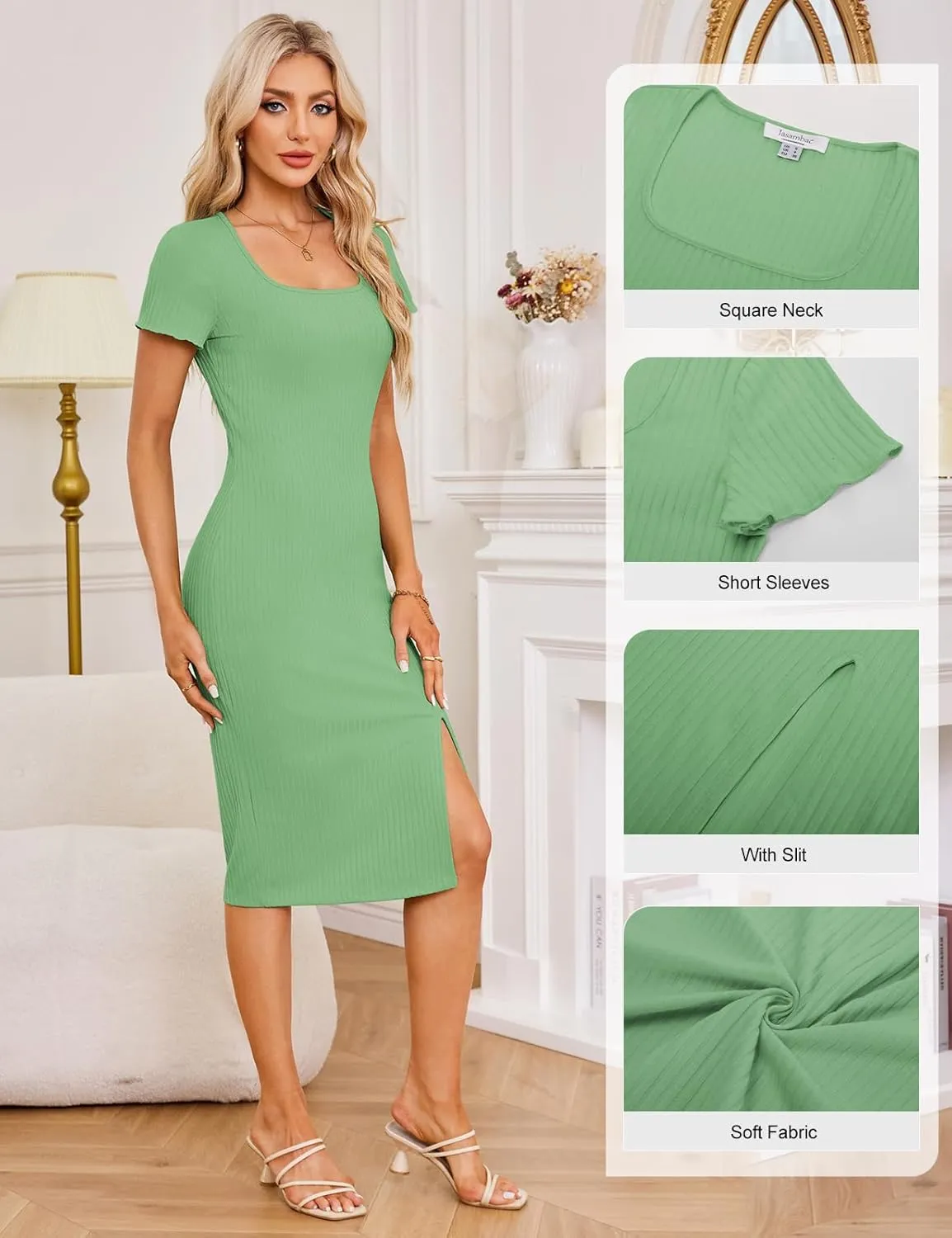 JASAMBAC Women's Ribbed Knit Dresses 2024 Sexy Bodycon Wrap Knit Casual Short Sleeve Sweater Maxi Dress with Side Slit