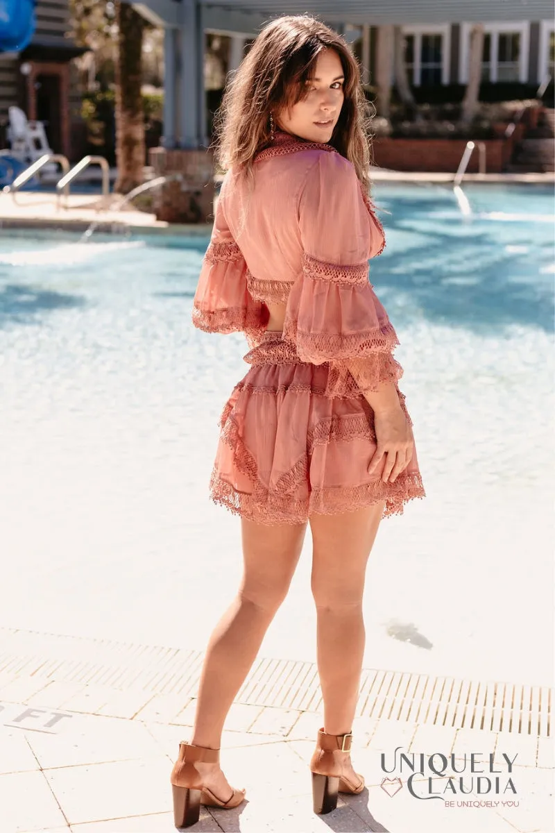 Jennifer Chiffon Ruffle Lace Crop Top and Skirt Set