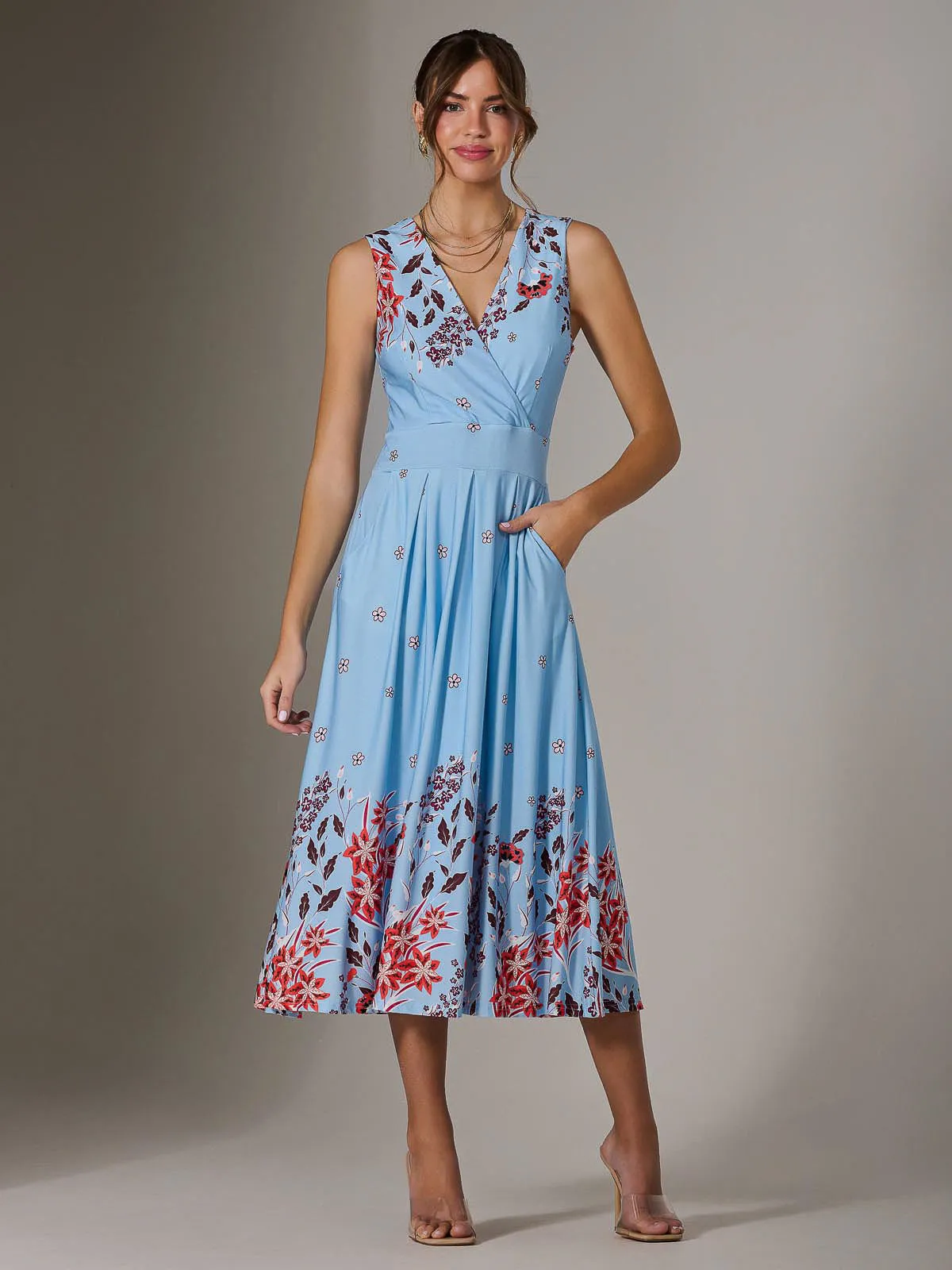 Jersey Sleeveless Midi Dress, Blue Floral