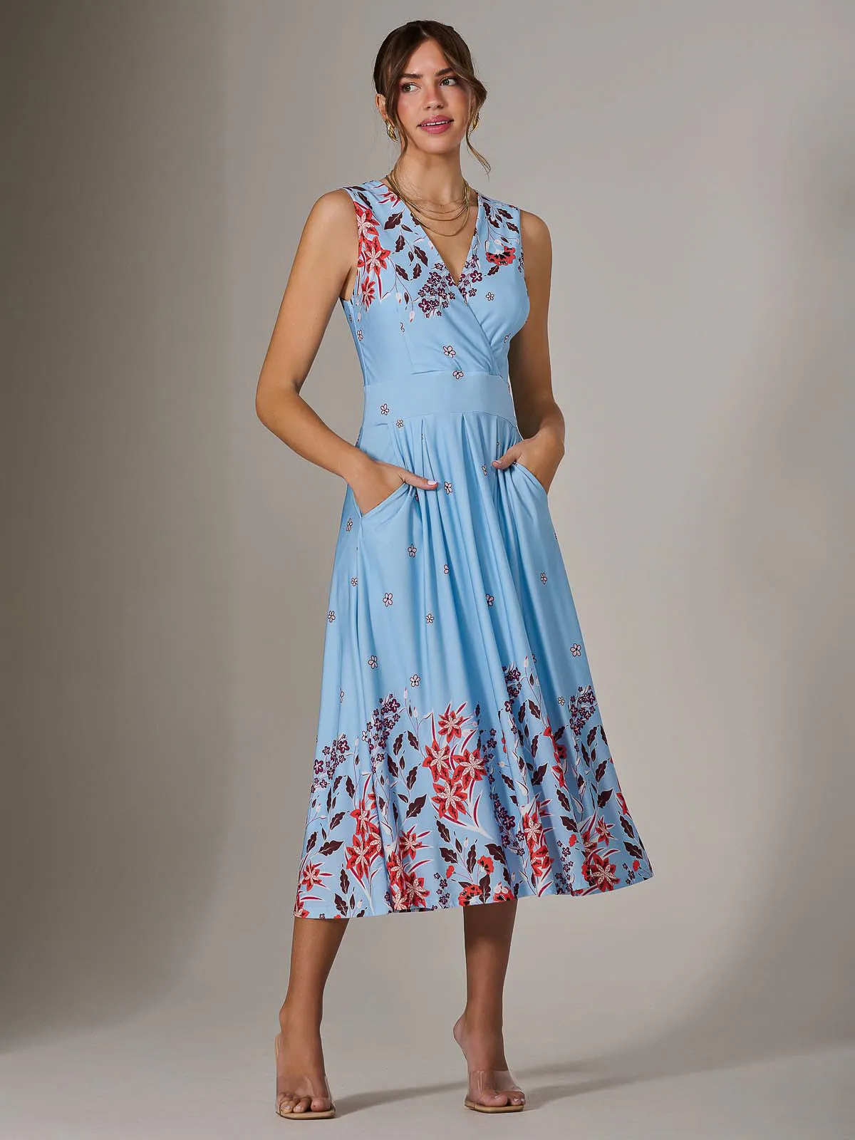 Jersey Sleeveless Midi Dress, Blue Floral