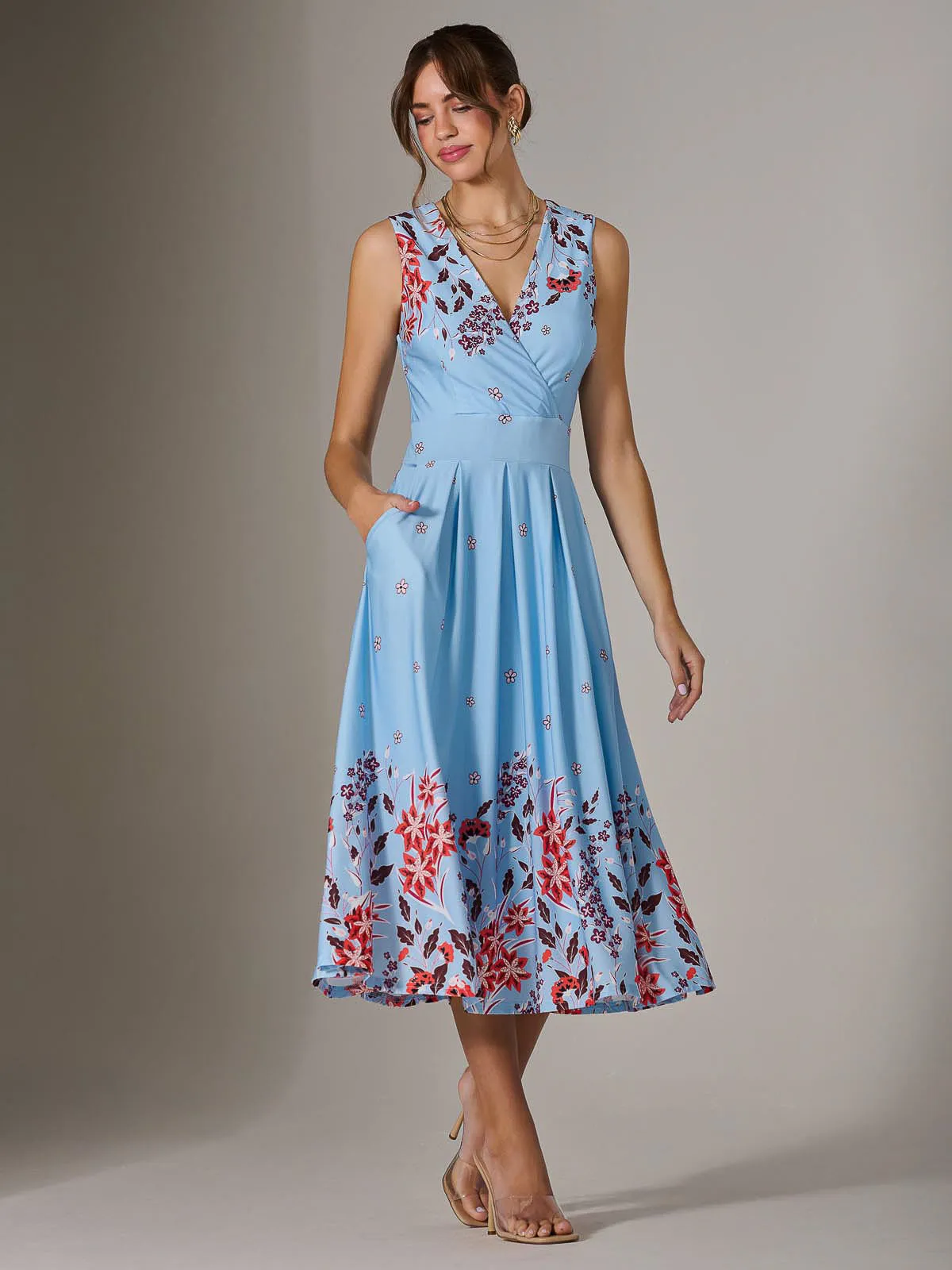 Jersey Sleeveless Midi Dress, Blue Floral
