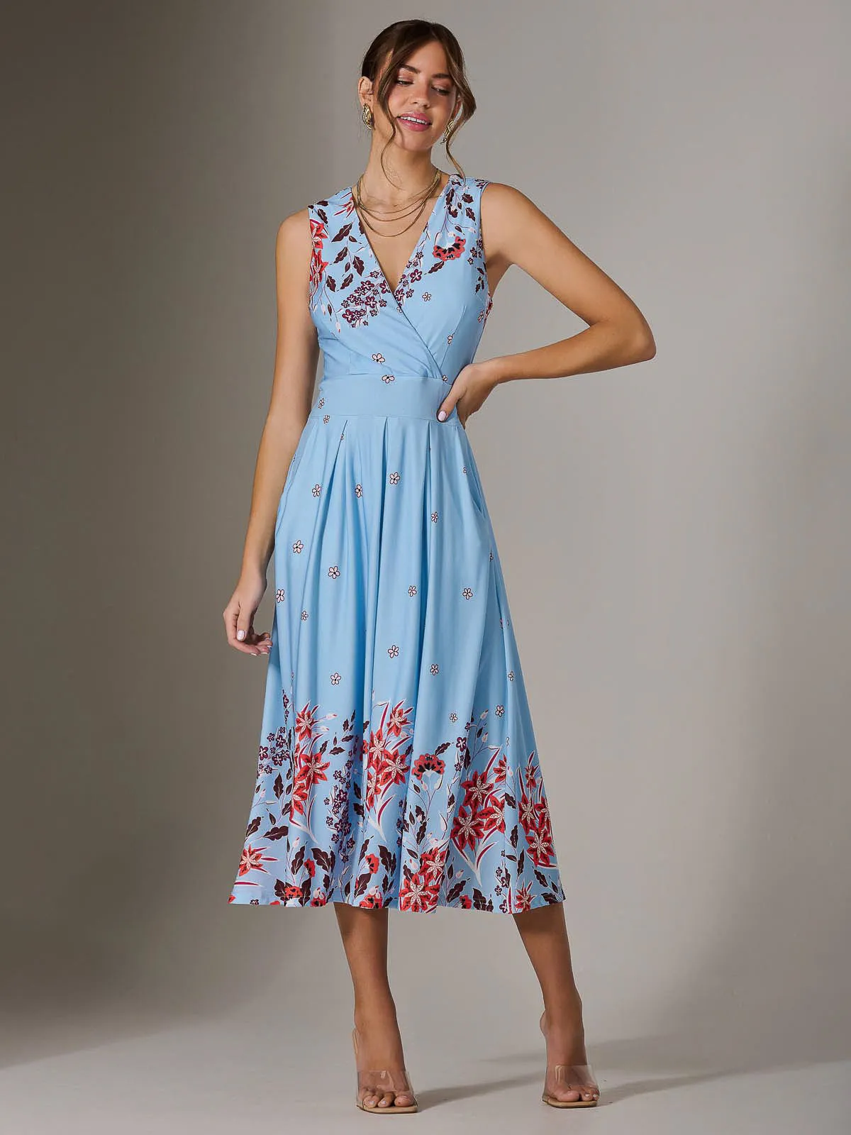 Jersey Sleeveless Midi Dress, Blue Floral