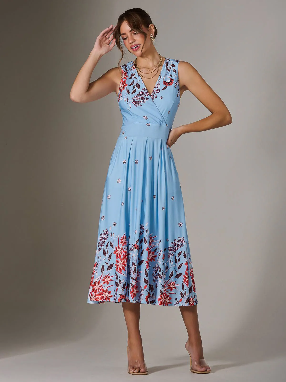 Jersey Sleeveless Midi Dress, Blue Floral