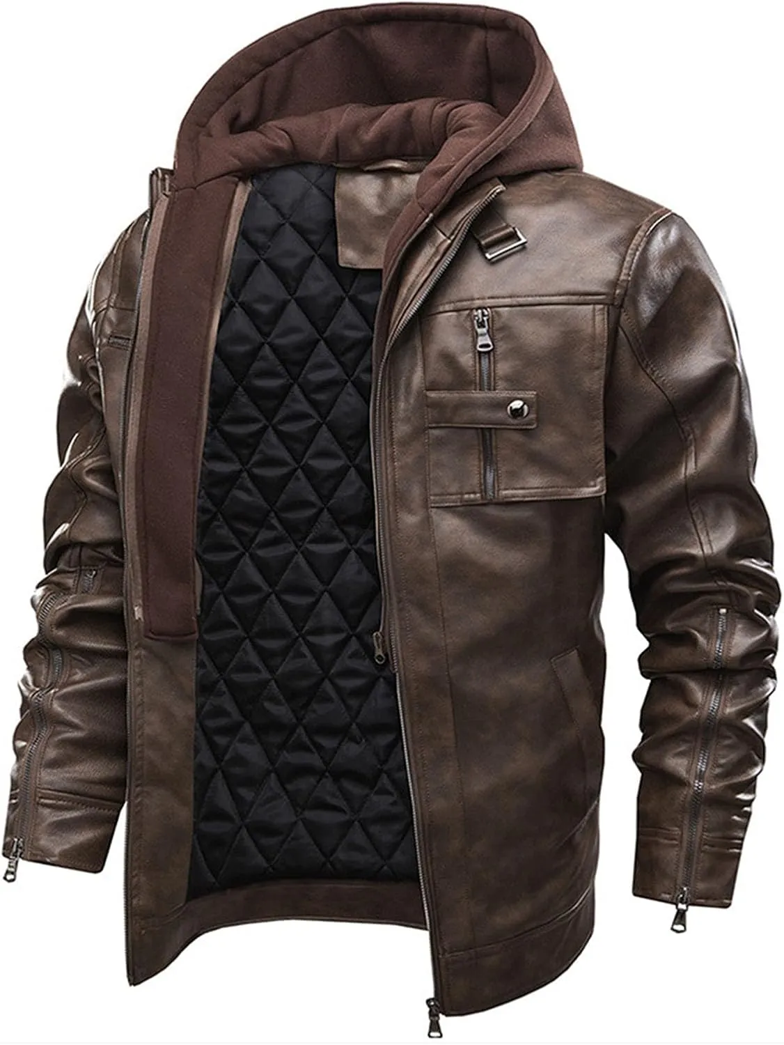 JEsilunmaMY Men's Multi-Pocket Leather Jacket with Removable Hood Casual Zip-Up Motorcycle Biker Coat Windproof Outdoor Coat