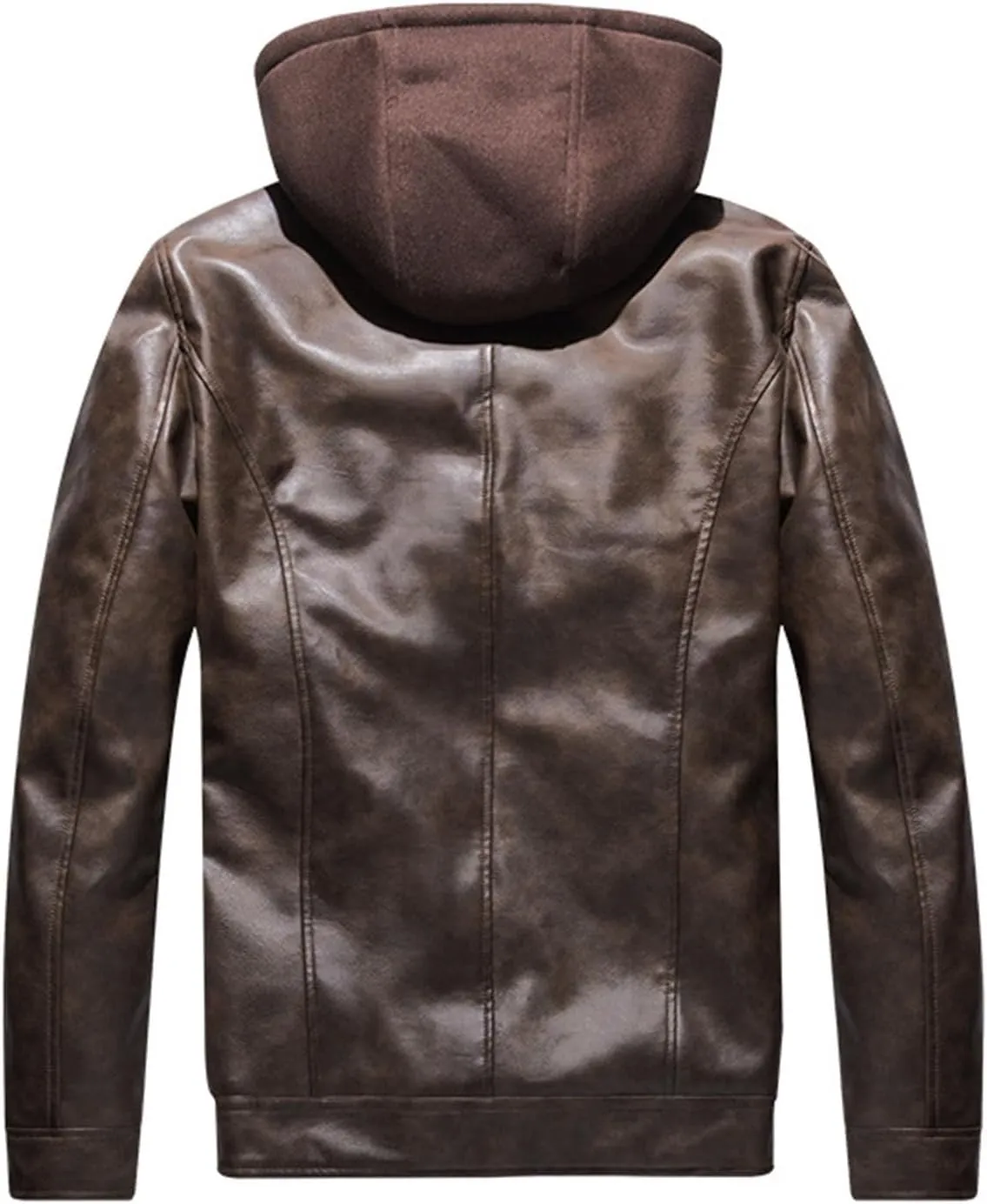 JEsilunmaMY Men's Multi-Pocket Leather Jacket with Removable Hood Casual Zip-Up Motorcycle Biker Coat Windproof Outdoor Coat