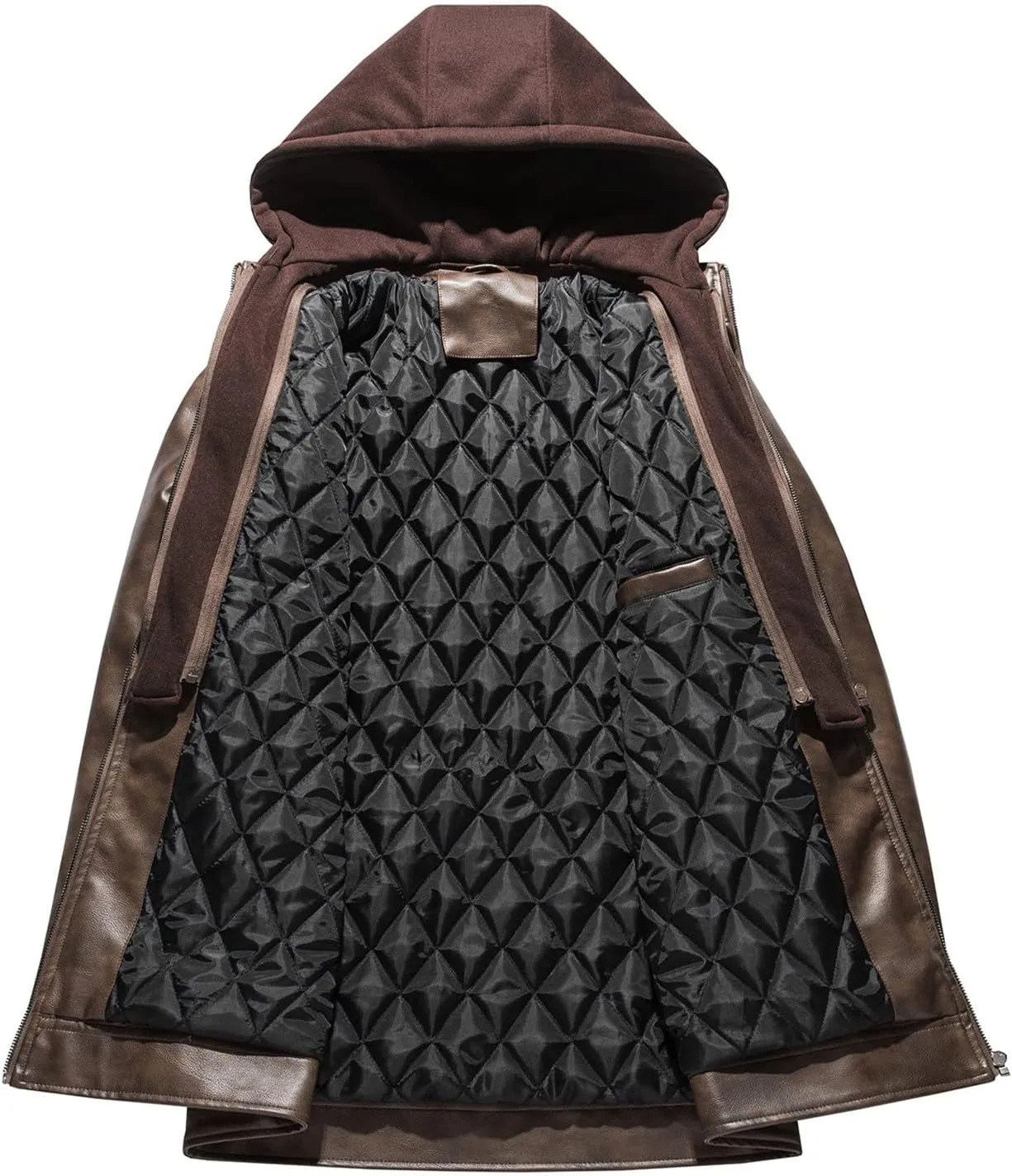 JEsilunmaMY Men's Multi-Pocket Leather Jacket with Removable Hood Casual Zip-Up Motorcycle Biker Coat Windproof Outdoor Coat