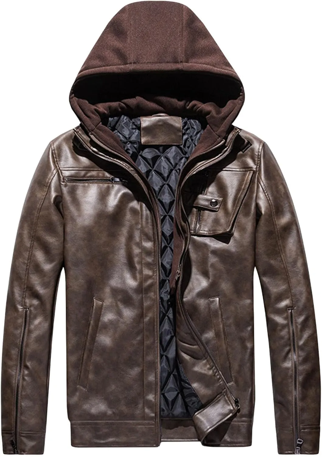 JEsilunmaMY Men's Multi-Pocket Leather Jacket with Removable Hood Casual Zip-Up Motorcycle Biker Coat Windproof Outdoor Coat