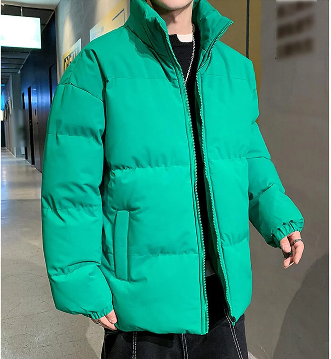 JEsilunmaMY Men's Padded Down Jacket Solid Color Stand Collar Quilted Puffer Coat Loose Warm Winter Cotton Outerwear