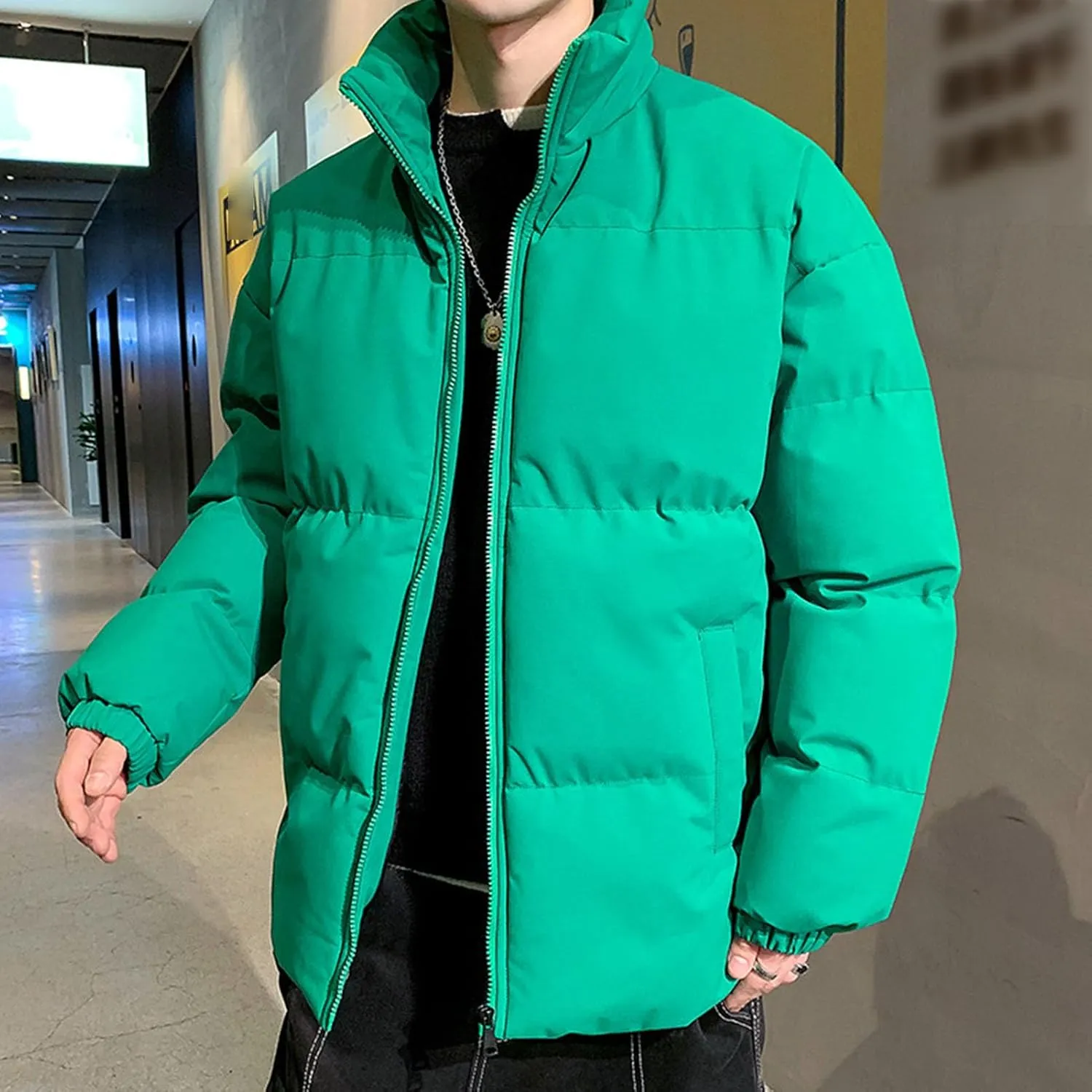 JEsilunmaMY Men's Padded Down Jacket Solid Color Stand Collar Quilted Puffer Coat Loose Warm Winter Cotton Outerwear