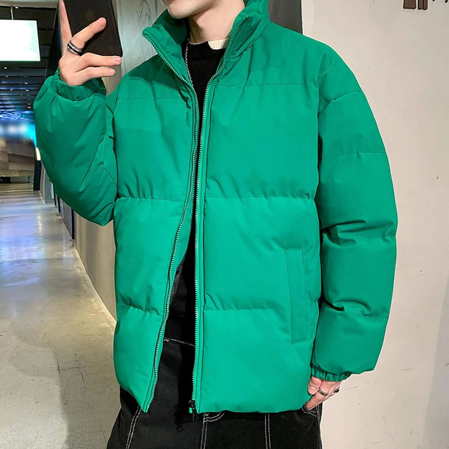 JEsilunmaMY Men's Padded Down Jacket Solid Color Stand Collar Quilted Puffer Coat Loose Warm Winter Cotton Outerwear