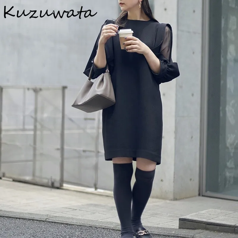 Joskaa Christmas Gift Kuzuwata Japanese Women Robes 2024 Autumn Vestidos O Neck Patchwork Gauze Three Quarter Puff Sleeves Loose Knee Length Dresses