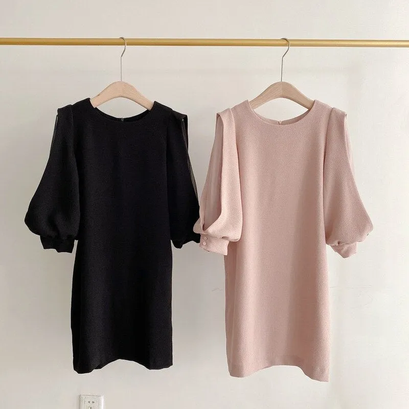 Joskaa Christmas Gift Kuzuwata Japanese Women Robes 2024 Autumn Vestidos O Neck Patchwork Gauze Three Quarter Puff Sleeves Loose Knee Length Dresses