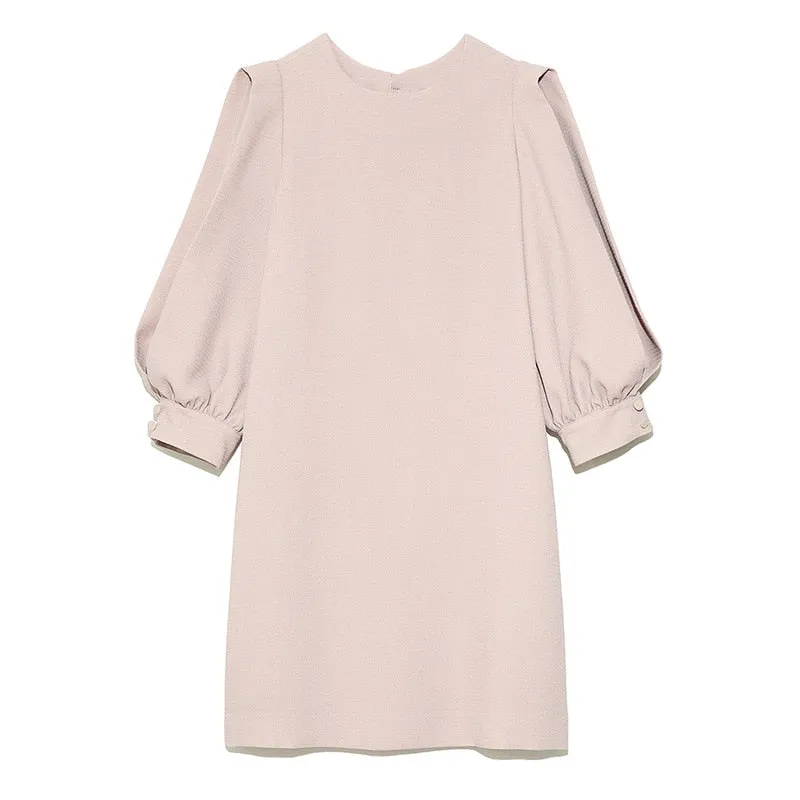 Joskaa Christmas Gift Kuzuwata Japanese Women Robes 2024 Autumn Vestidos O Neck Patchwork Gauze Three Quarter Puff Sleeves Loose Knee Length Dresses