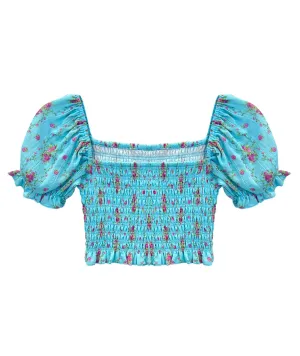 Katie J NYC Girls Turquoise Floral Stripe Marlee Top