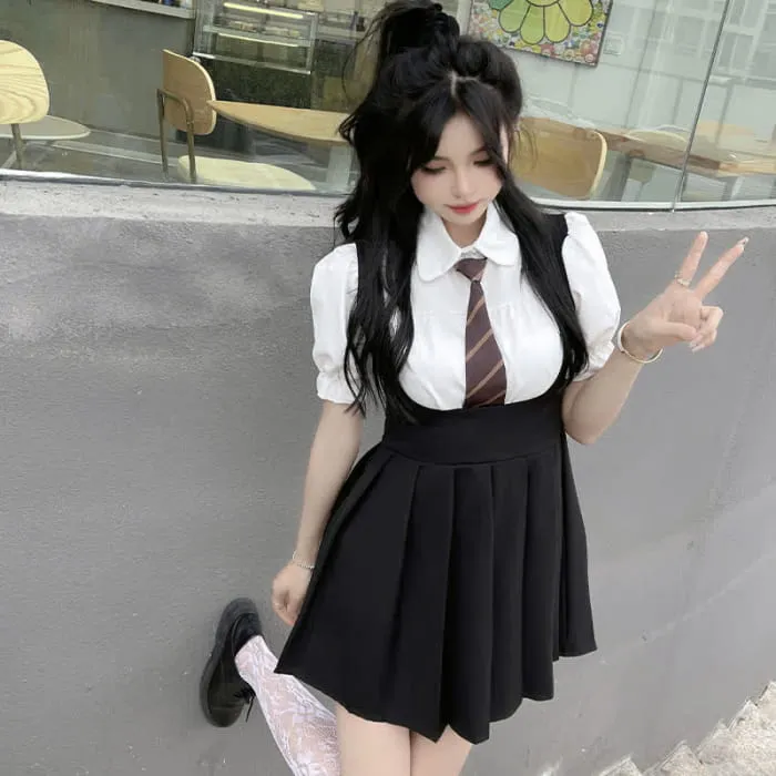 Kawaii Puff Sleeve T-Shirt Tie Pleated Suspender Skirt Set C19765