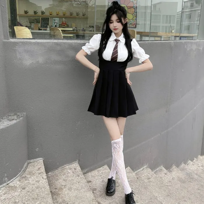 Kawaii Puff Sleeve T-Shirt Tie Pleated Suspender Skirt Set C19765