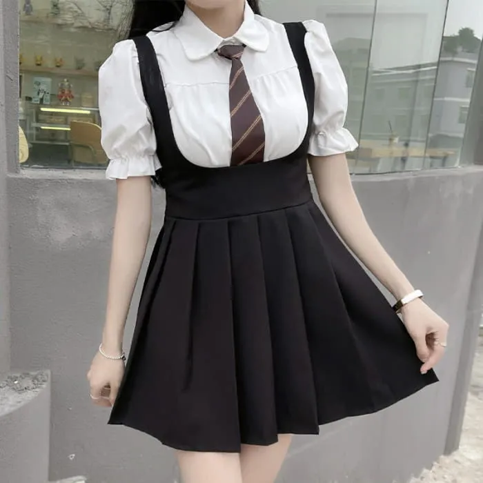 Kawaii Puff Sleeve T-Shirt Tie Pleated Suspender Skirt Set C19765