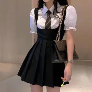 Kawaii Puff Sleeve T-Shirt Tie Pleated Suspender Skirt Set C19765