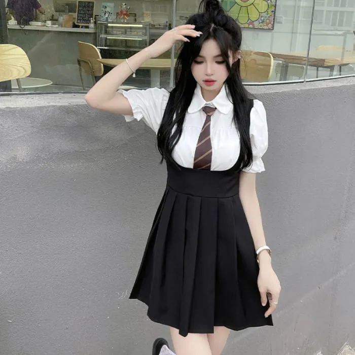 Kawaii Puff Sleeve T-Shirt Tie Pleated Suspender Skirt Set C19765