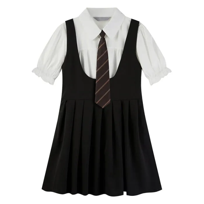 Kawaii Puff Sleeve T-Shirt Tie Pleated Suspender Skirt Set C19765