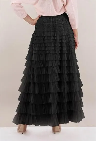 KELYWELL Women's Fairy Tulle Midi Skirt Tiered Layered Mesh Puffy Long Maxi Skirt Sweet High Waist A-Line Ruffle Skirt