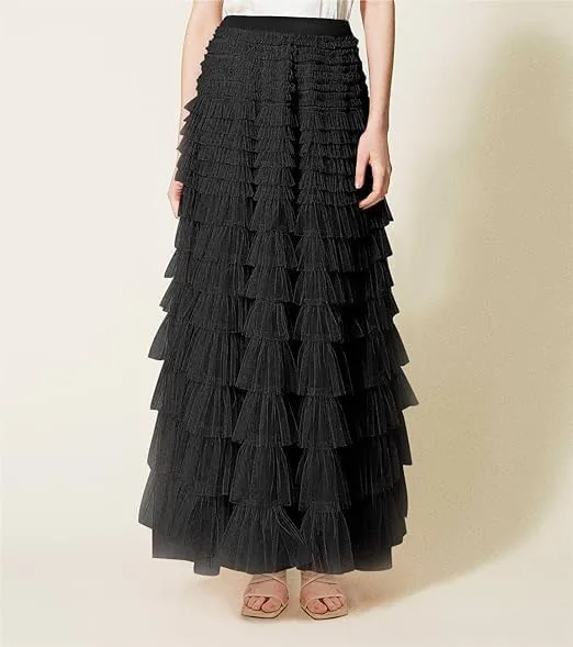 KELYWELL Women's Fairy Tulle Midi Skirt Tiered Layered Mesh Puffy Long Maxi Skirt Sweet High Waist A-Line Ruffle Skirt