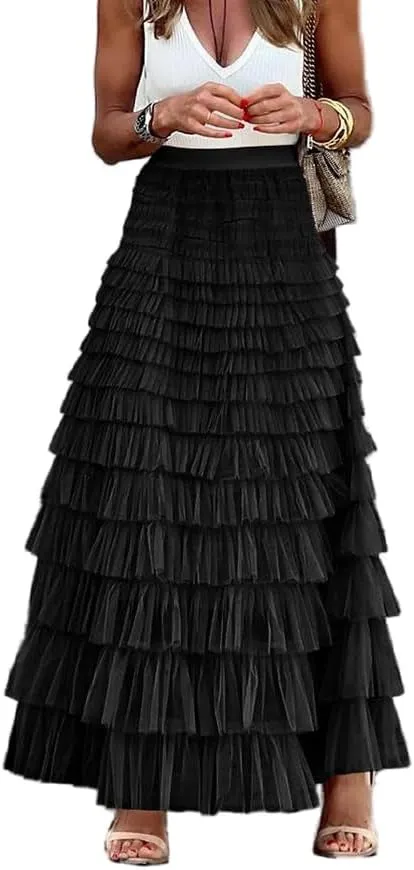 KELYWELL Women's Fairy Tulle Midi Skirt Tiered Layered Mesh Puffy Long Maxi Skirt Sweet High Waist A-Line Ruffle Skirt