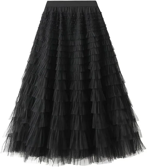 KELYWELL Women's Fairy Tulle Midi Skirt Tiered Layered Mesh Puffy Long Maxi Skirt Sweet High Waist A-Line Ruffle Skirt