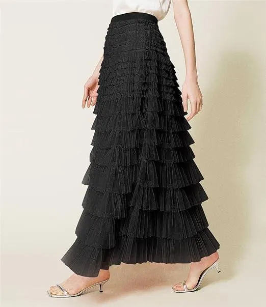 KELYWELL Women's Fairy Tulle Midi Skirt Tiered Layered Mesh Puffy Long Maxi Skirt Sweet High Waist A-Line Ruffle Skirt