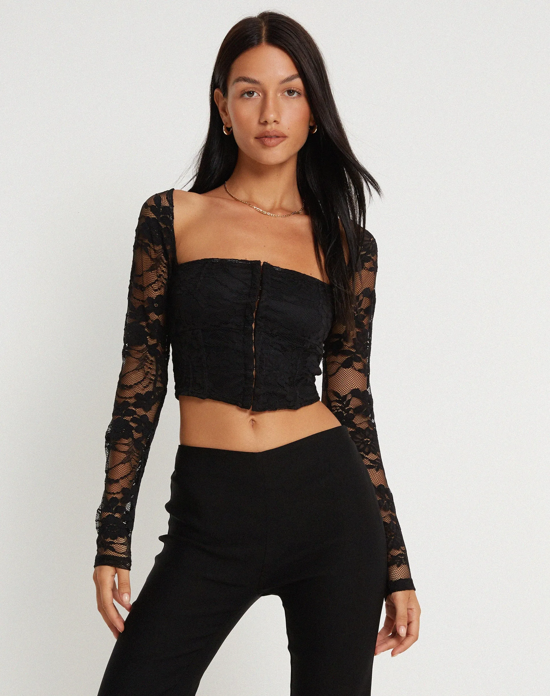 Khafila Long Sleeve Corset Top in Lace Black