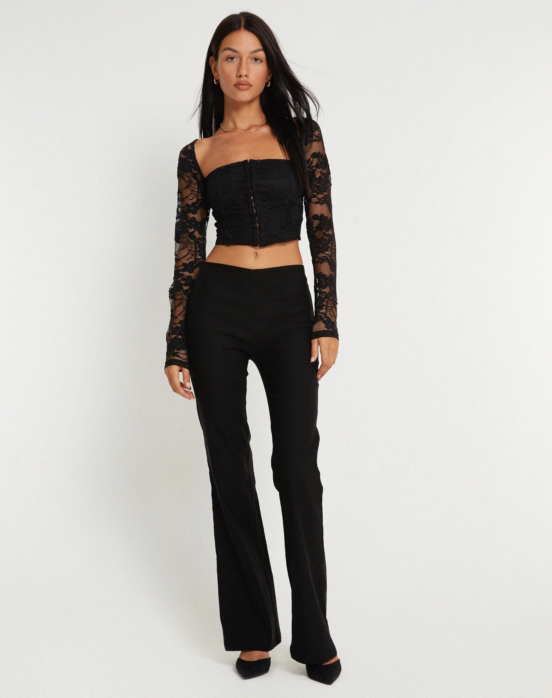 Khafila Long Sleeve Corset Top in Lace Black