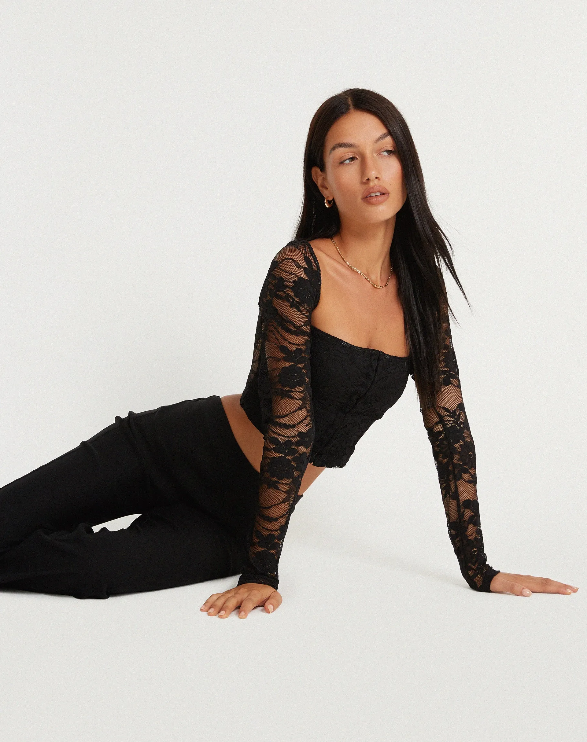 Khafila Long Sleeve Corset Top in Lace Black