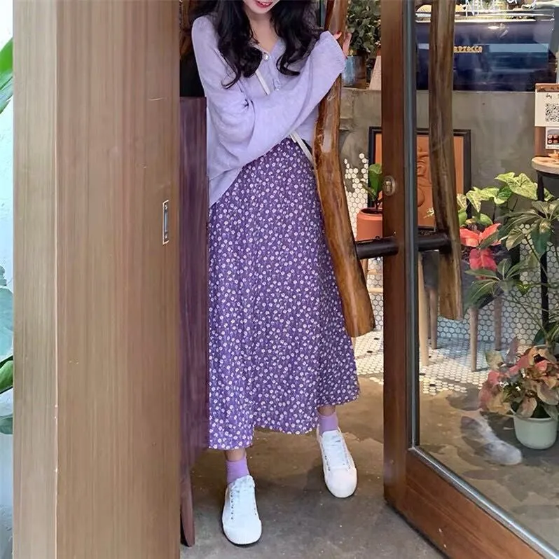 KittenAlarm - Flowers Pattern A-Line Chiffon Purple Skirts