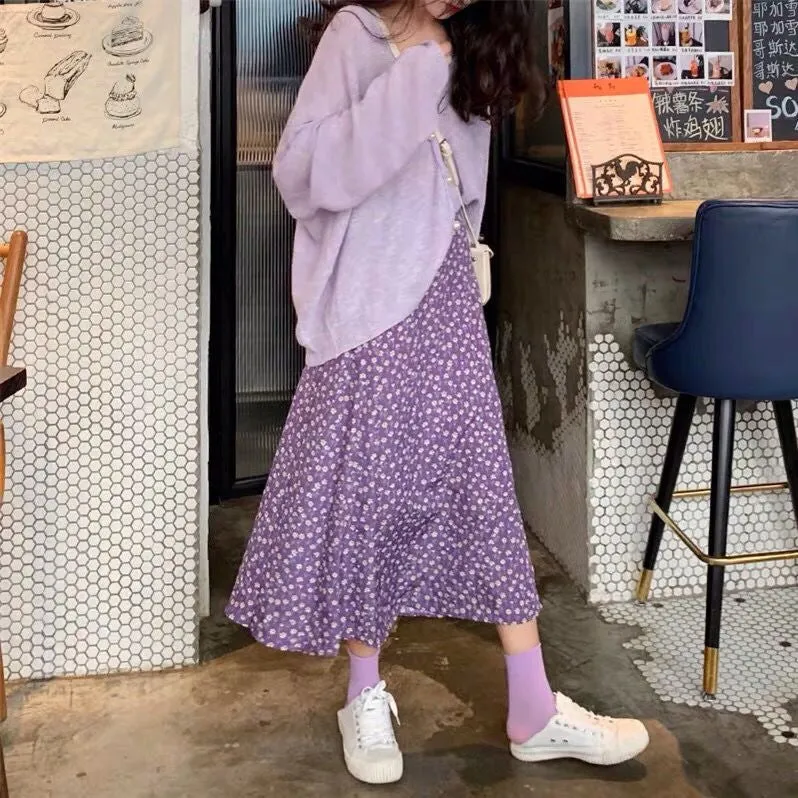 KittenAlarm - Flowers Pattern A-Line Chiffon Purple Skirts