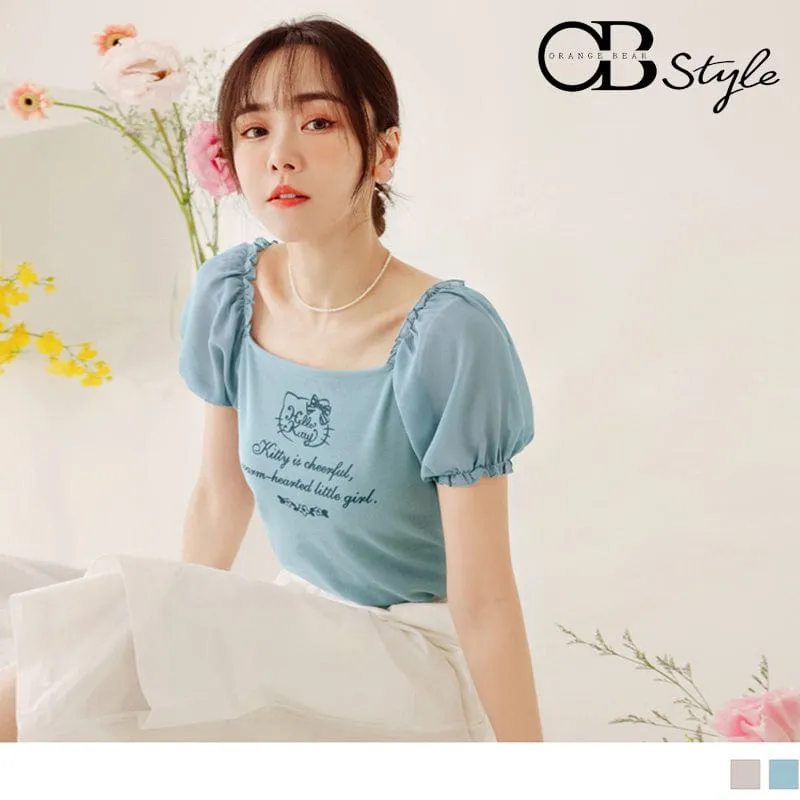 KITTY PRINTED SQUARE NECK PATCHED PUFF SLEEVE TOPS